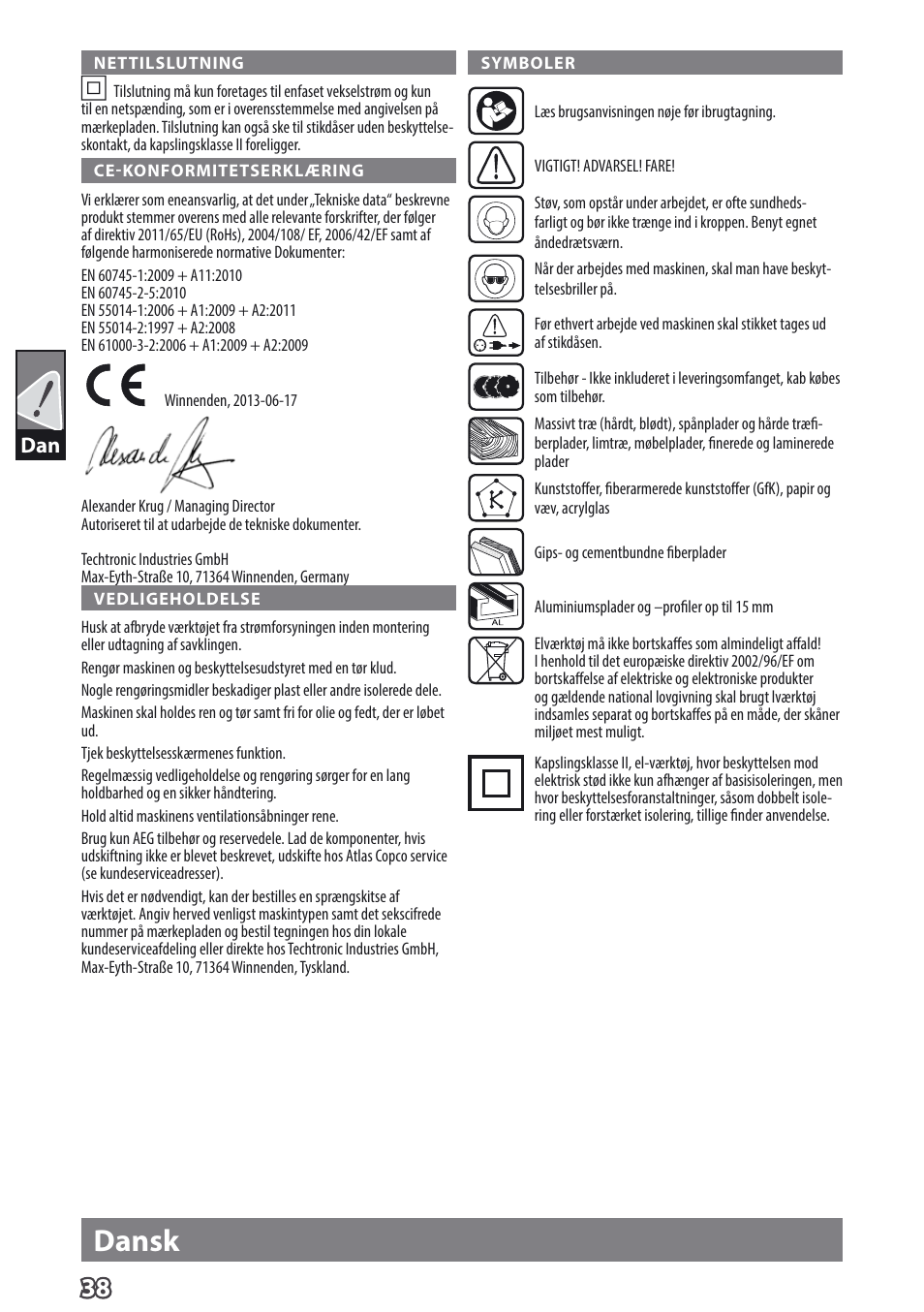 Dansk | AEG TS 55 E User Manual | Page 41 / 99