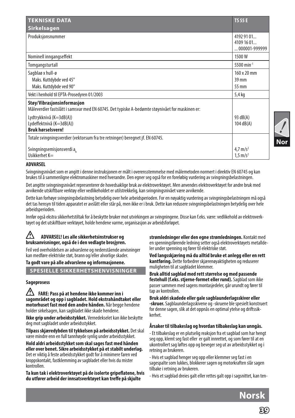 Norsk | AEG TS 55 E User Manual | Page 42 / 99