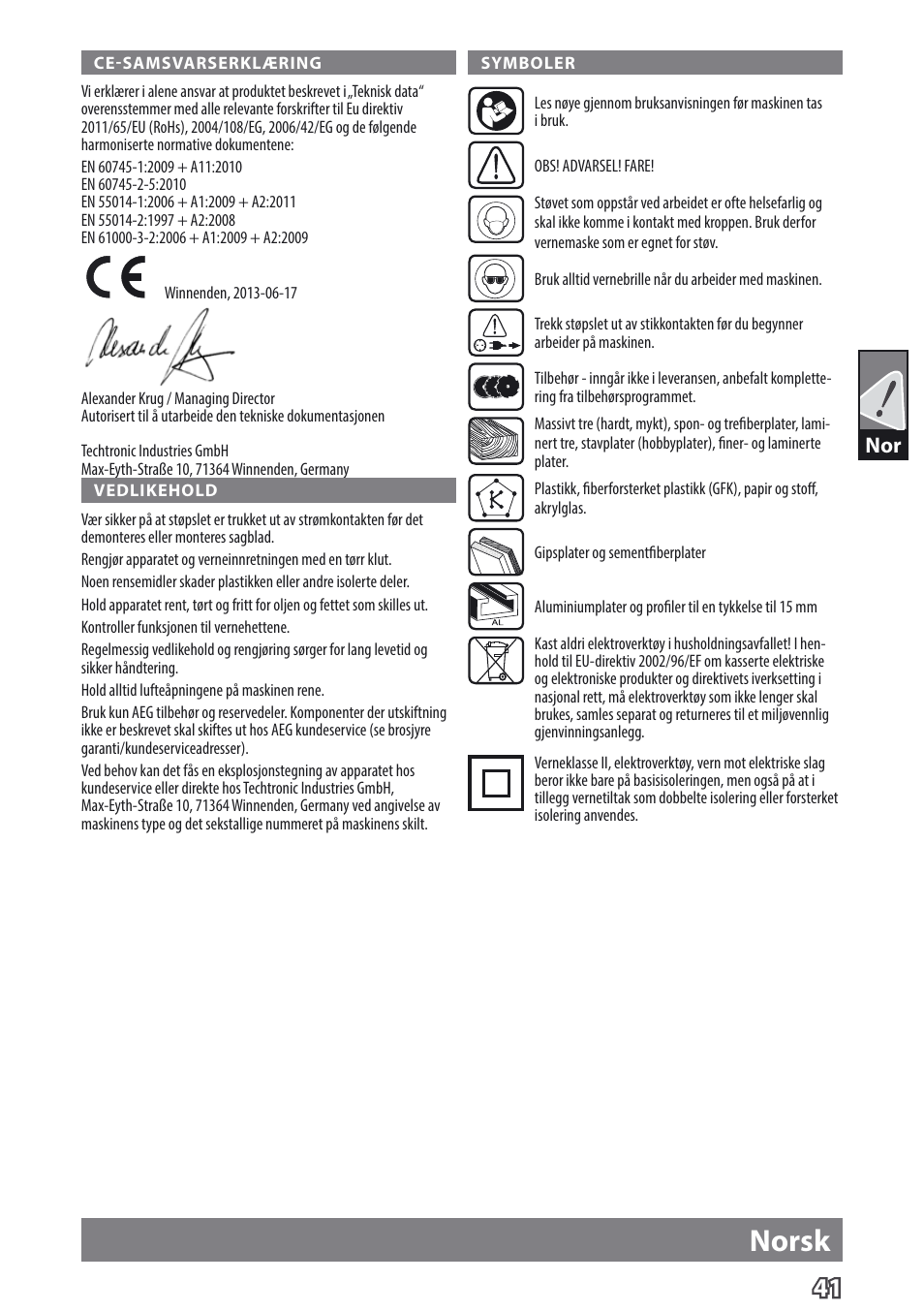 Norsk | AEG TS 55 E User Manual | Page 44 / 99