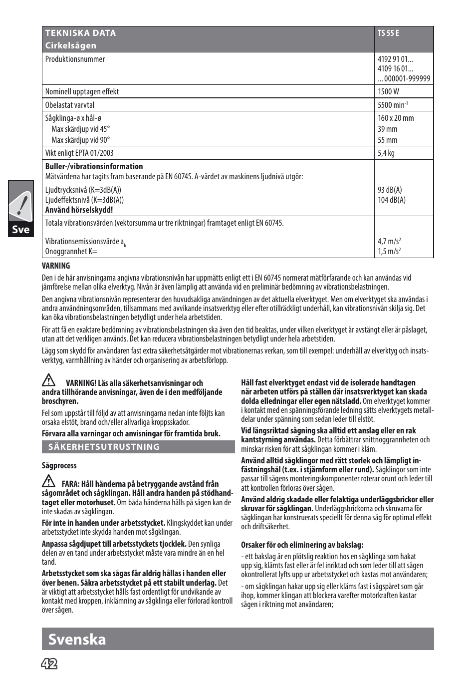 Svenska | AEG TS 55 E User Manual | Page 45 / 99