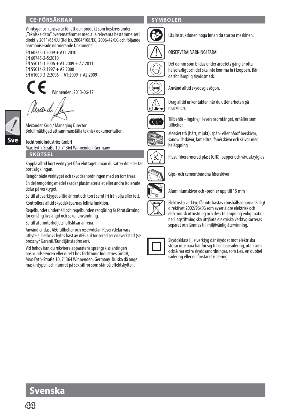 Svenska | AEG TS 55 E User Manual | Page 47 / 99