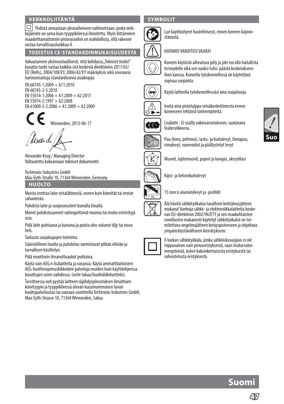 Suomi | AEG TS 55 E User Manual | Page 50 / 99