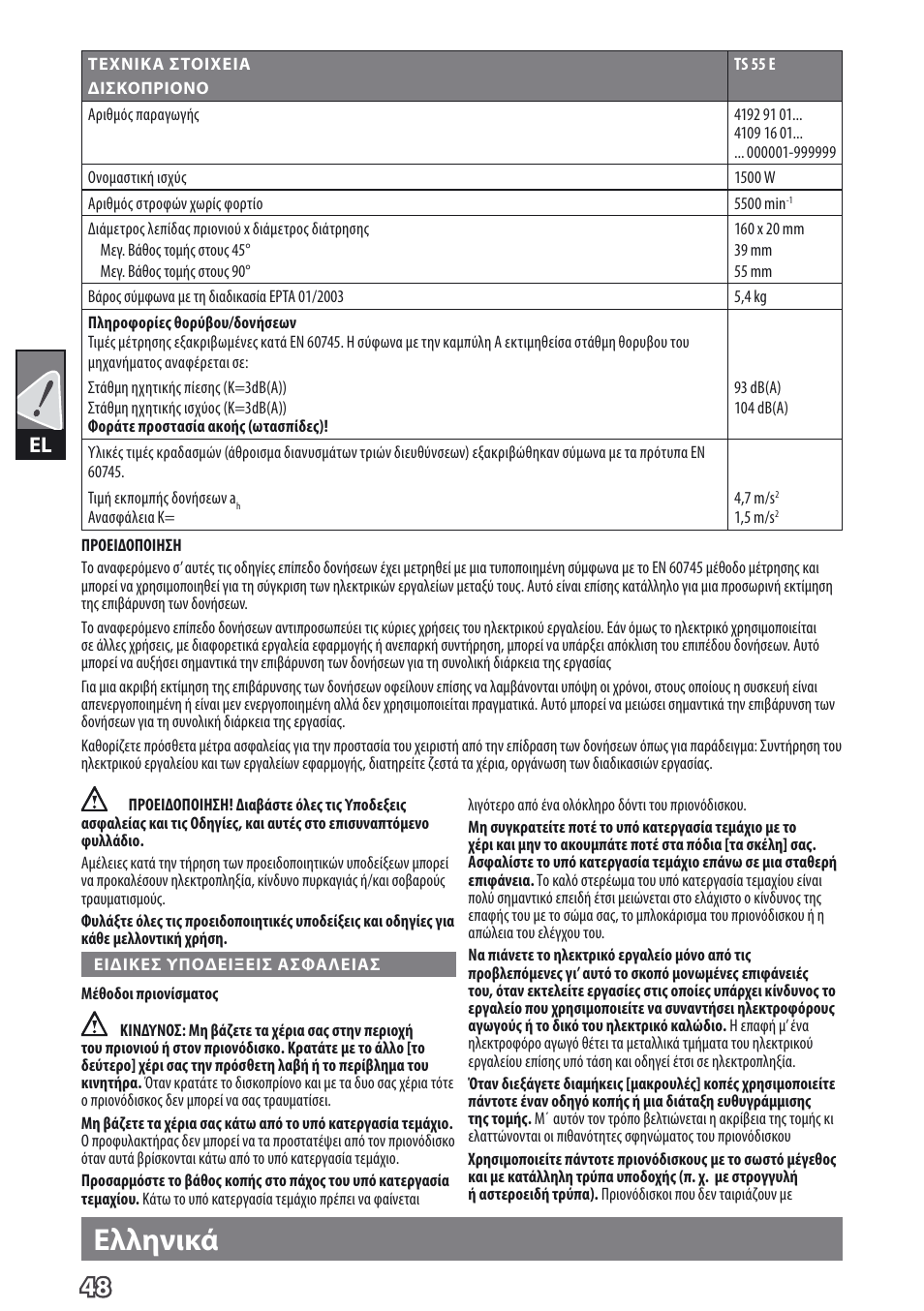 Ελληνικά | AEG TS 55 E User Manual | Page 51 / 99
