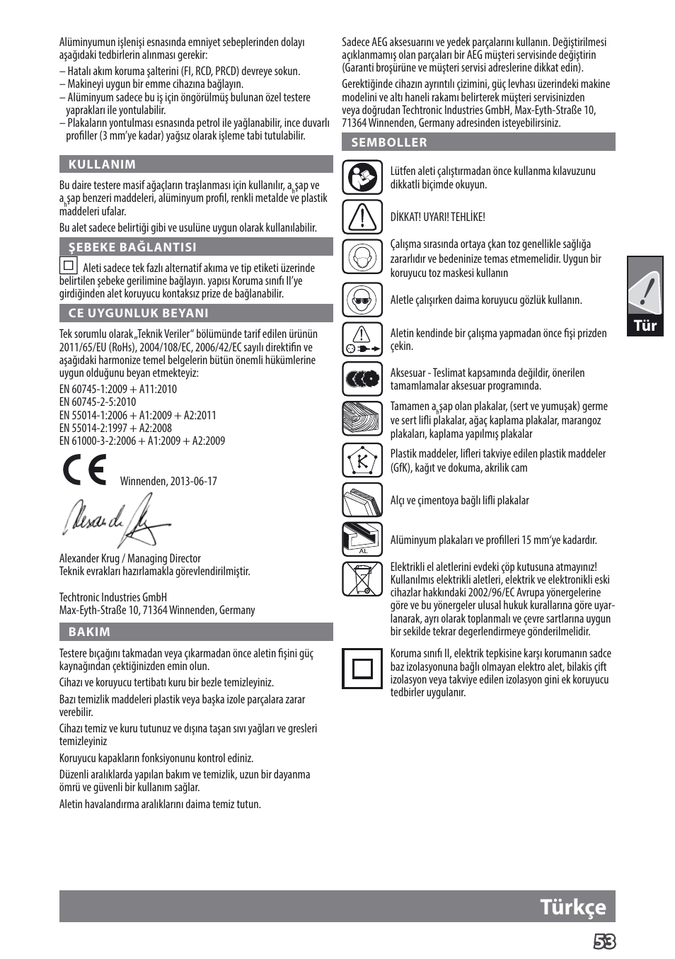 Türkçe | AEG TS 55 E User Manual | Page 56 / 99