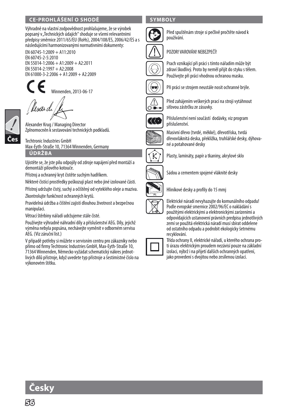 Česky | AEG TS 55 E User Manual | Page 59 / 99