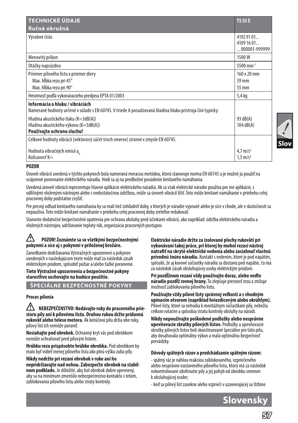 Slovensky, Slov | AEG TS 55 E User Manual | Page 60 / 99