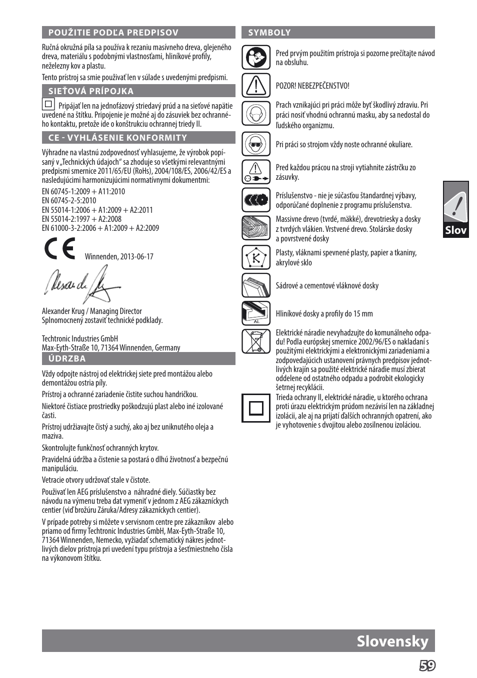 Slovensky, Slov | AEG TS 55 E User Manual | Page 62 / 99