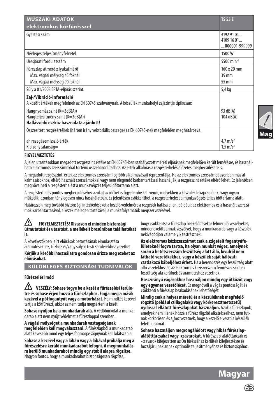 Magyar | AEG TS 55 E User Manual | Page 66 / 99