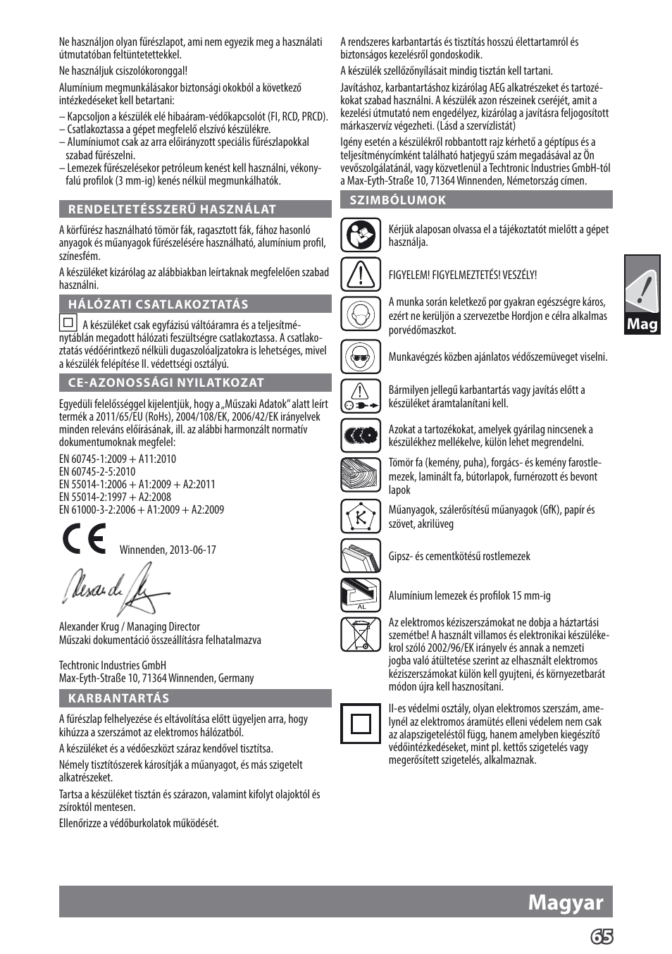 Magyar | AEG TS 55 E User Manual | Page 68 / 99