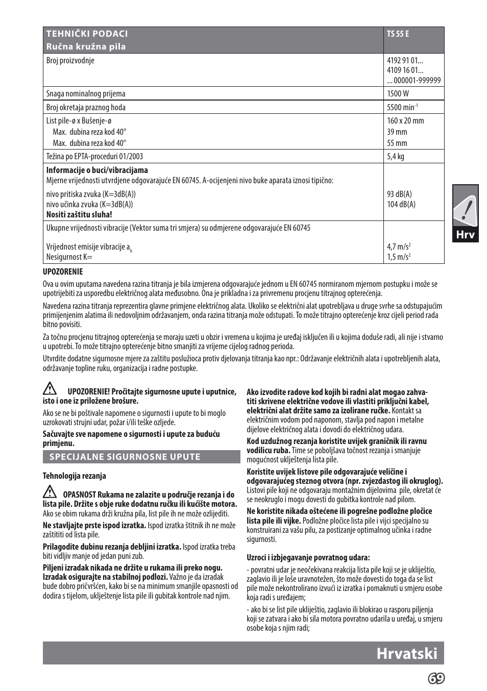 Hrvatski | AEG TS 55 E User Manual | Page 72 / 99