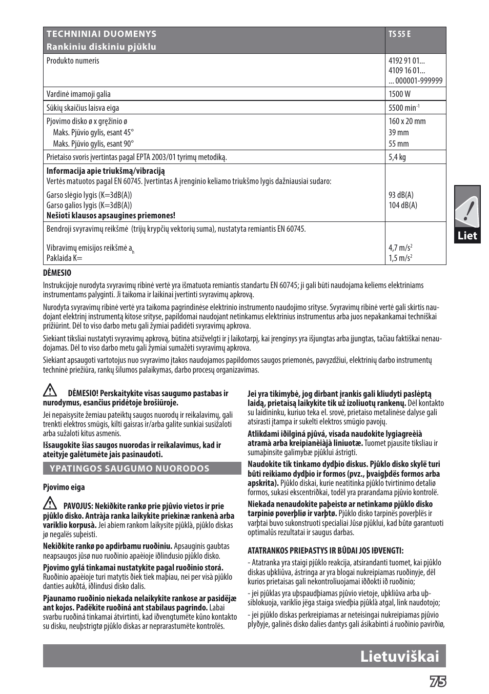 Lietuviškai, Liet | AEG TS 55 E User Manual | Page 78 / 99