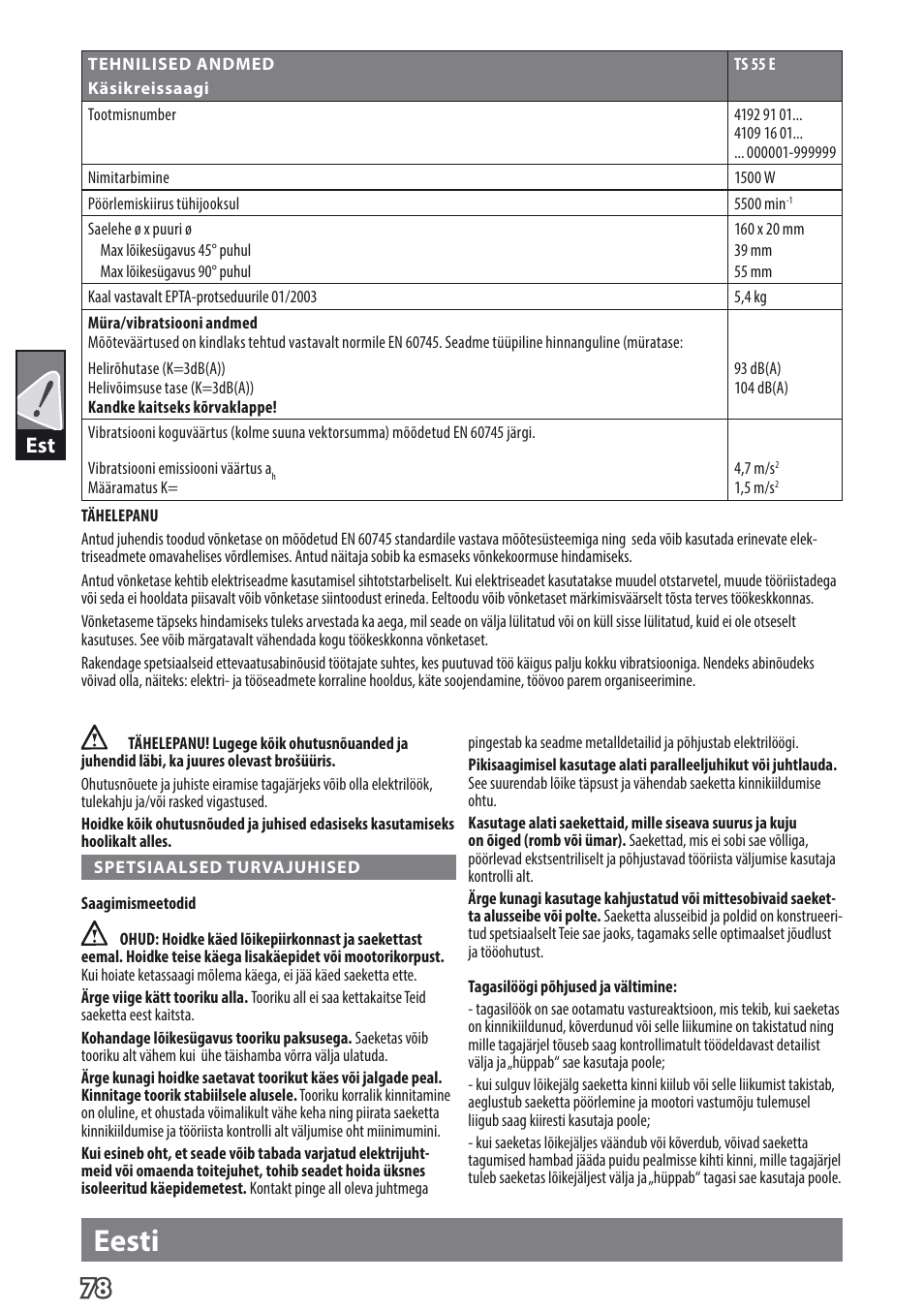Eesti | AEG TS 55 E User Manual | Page 81 / 99