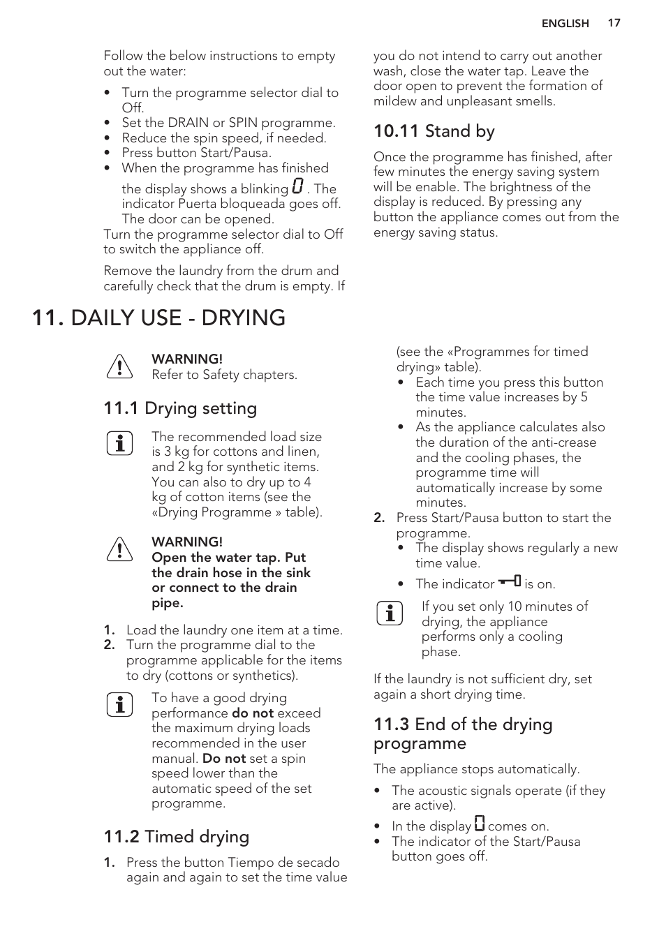 11 stand by, Daily use - drying, 1 drying setting | 2 timed drying, 3 end of the drying programme | AEG L61270WDBI User Manual | Page 17 / 76