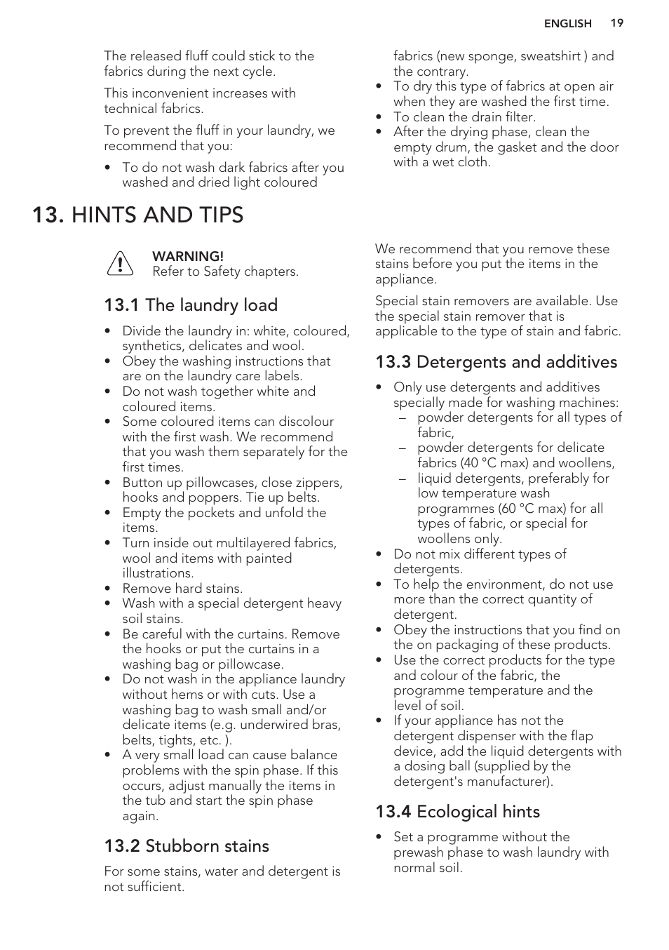 Hints and tips, 1 the laundry load, 2 stubborn stains | 3 detergents and additives, 4 ecological hints | AEG L61270WDBI User Manual | Page 19 / 76