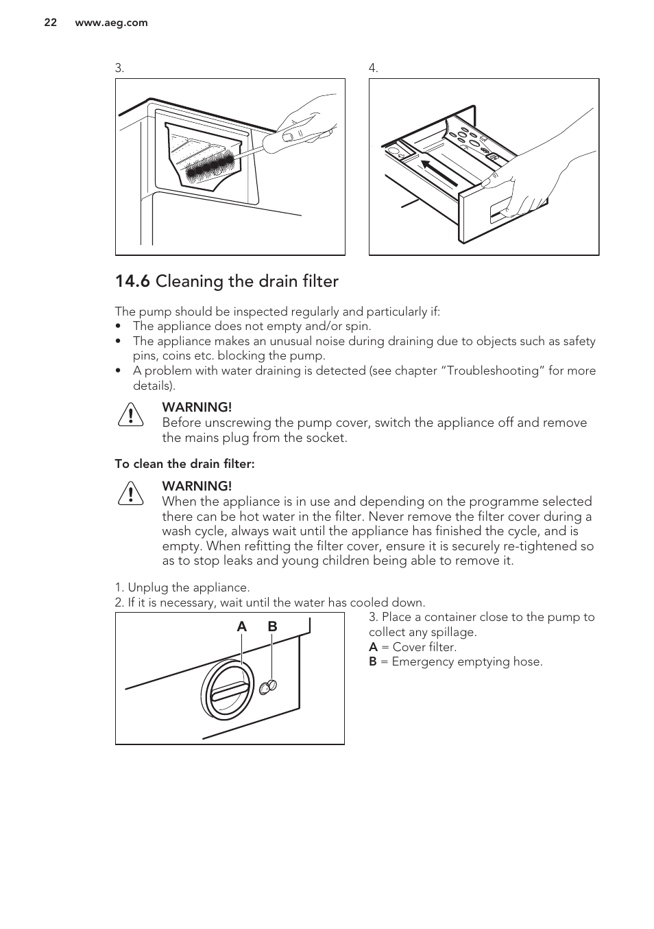 6 cleaning the drain filter | AEG L61270WDBI User Manual | Page 22 / 76