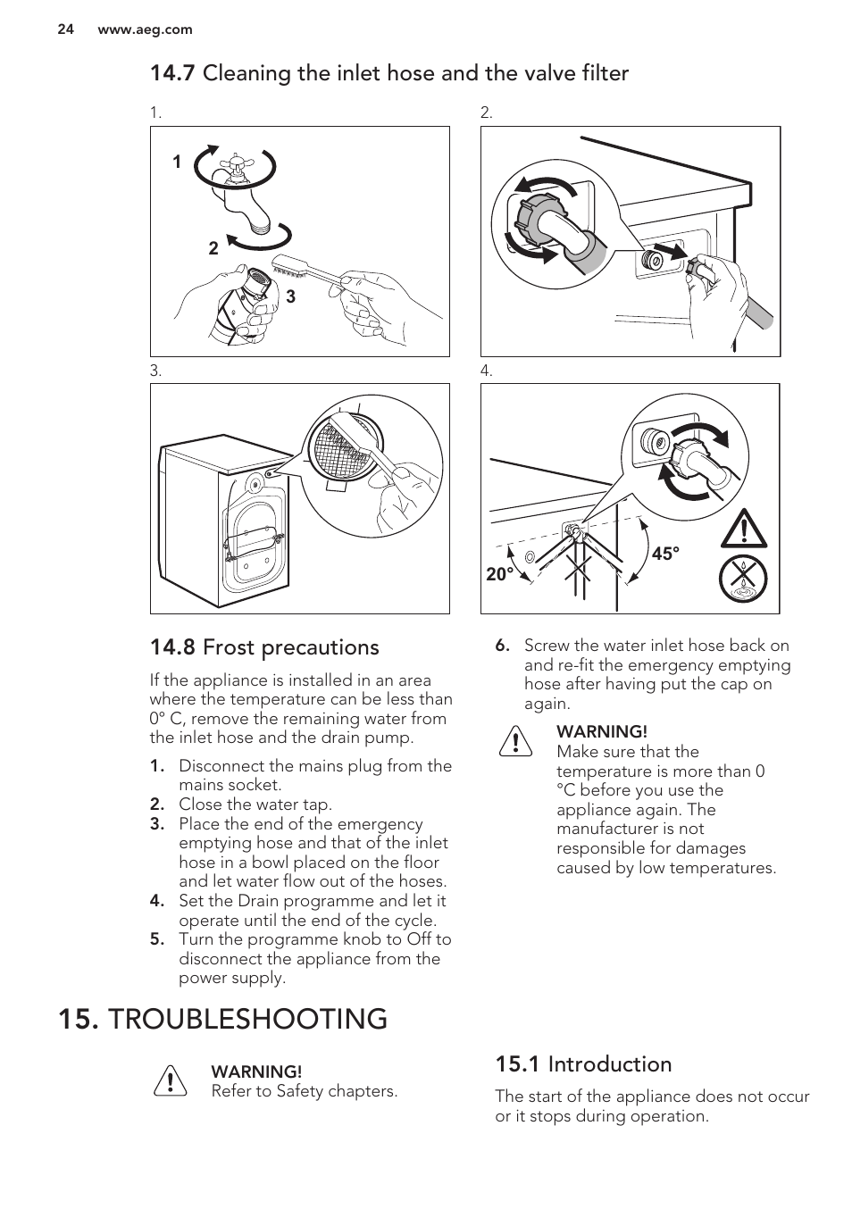 7 cleaning the inlet hose and the valve filter, 8 frost precautions, Troubleshooting | 1 introduction | AEG L61270WDBI User Manual | Page 24 / 76