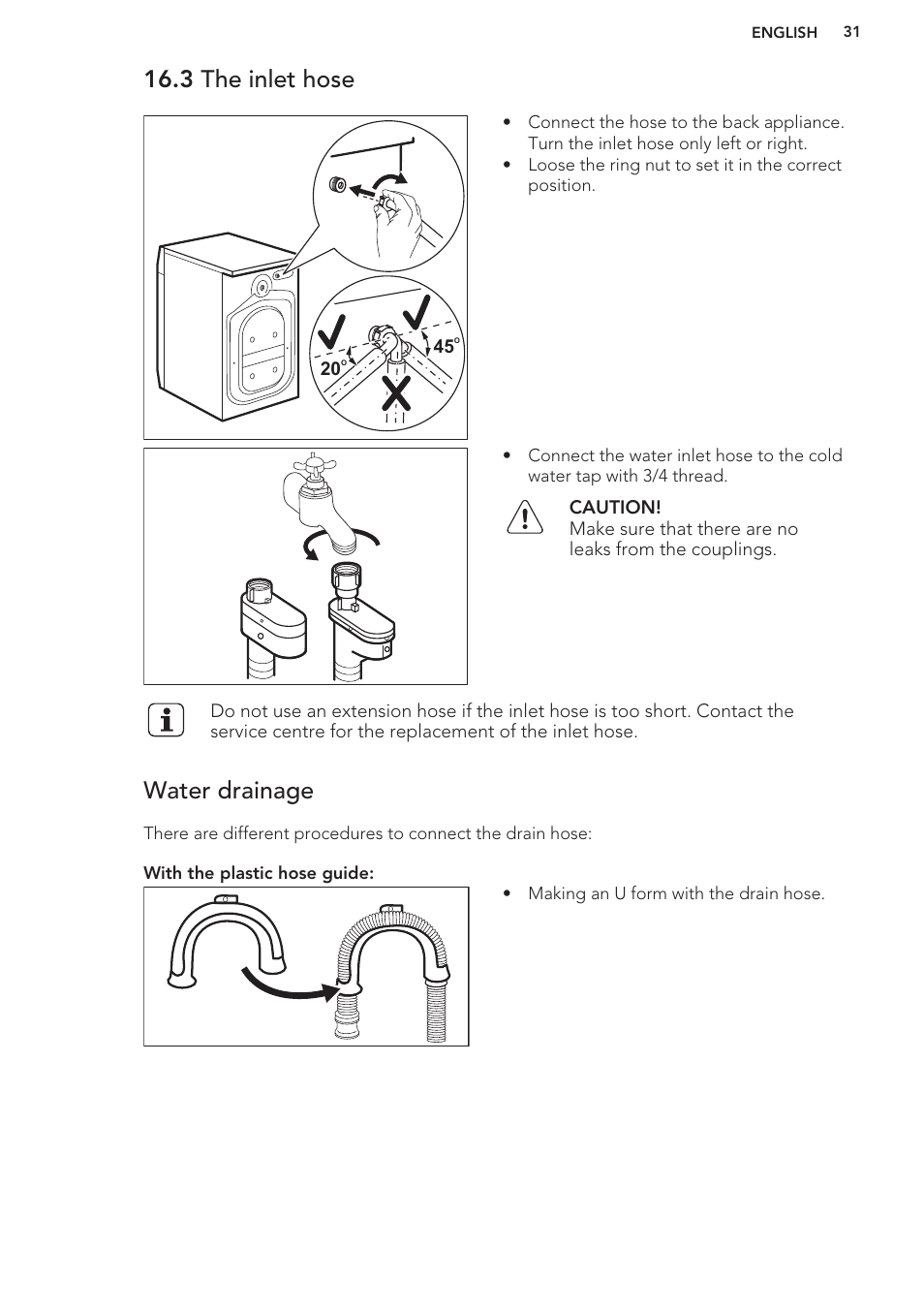 3 the inlet hose, Water drainage | AEG L61270WDBI User Manual | Page 31 / 76