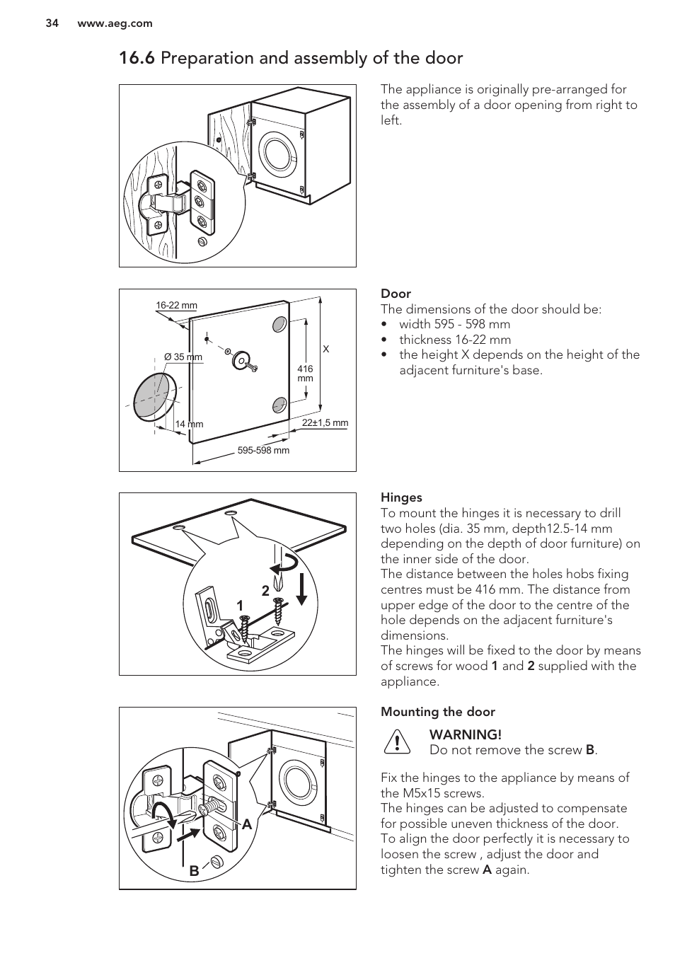 6 preparation and assembly of the door | AEG L61270WDBI User Manual | Page 34 / 76