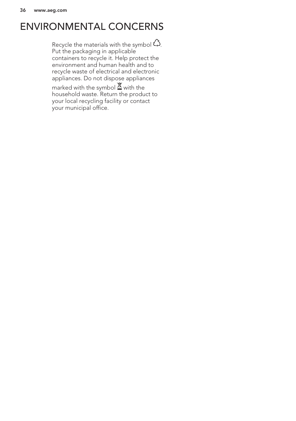 Environmental concerns | AEG L61270WDBI User Manual | Page 36 / 76