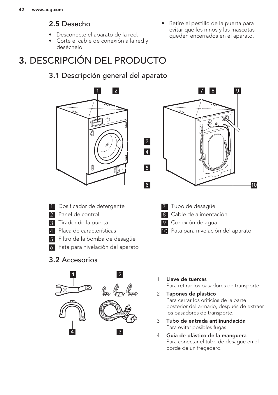 5 desecho, Descripción del producto, 1 descripción general del aparato | 2 accesorios | AEG L61270WDBI User Manual | Page 42 / 76