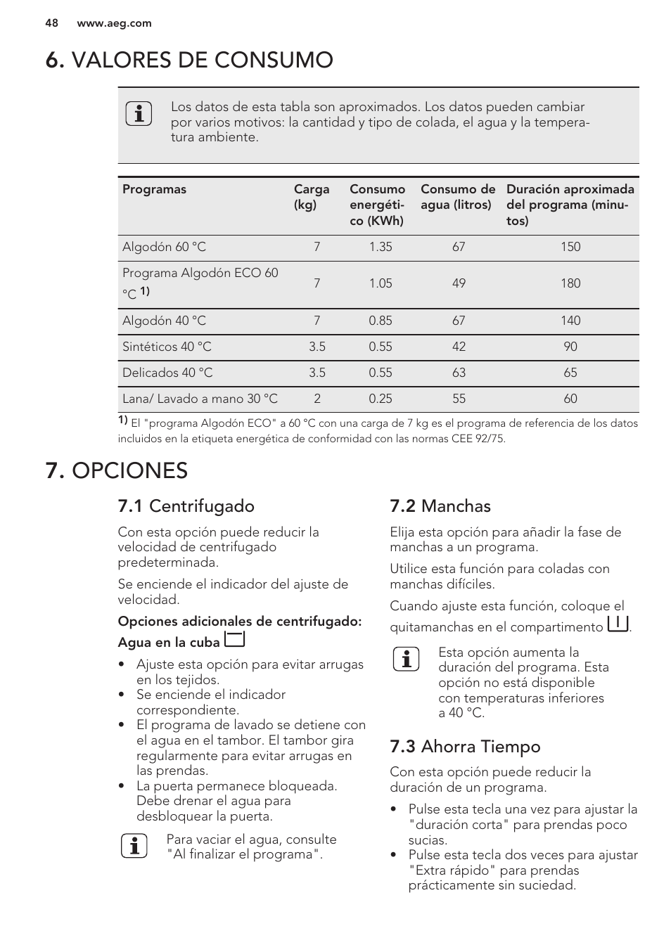 Valores de consumo, Opciones, 1 centrifugado | 2 manchas, 3 ahorra tiempo, Valores de consumo 7. opciones | AEG L61270WDBI User Manual | Page 48 / 76