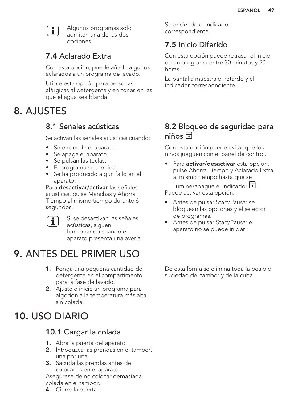 4 aclarado extra, 5 inicio diferido, Ajustes | 1 señales acústicas, 2 bloqueo de seguridad para niños, Antes del primer uso, Uso diario, 1 cargar la colada, Ajustes 9. antes del primer uso 10. uso diario | AEG L61270WDBI User Manual | Page 49 / 76