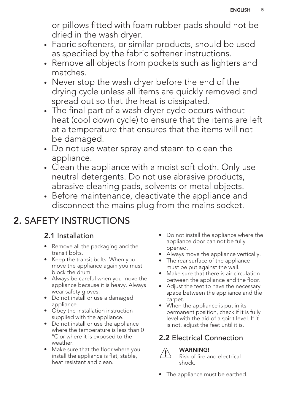 Safety instructions, 1 installation, 2 electrical connection | AEG L61270WDBI User Manual | Page 5 / 76