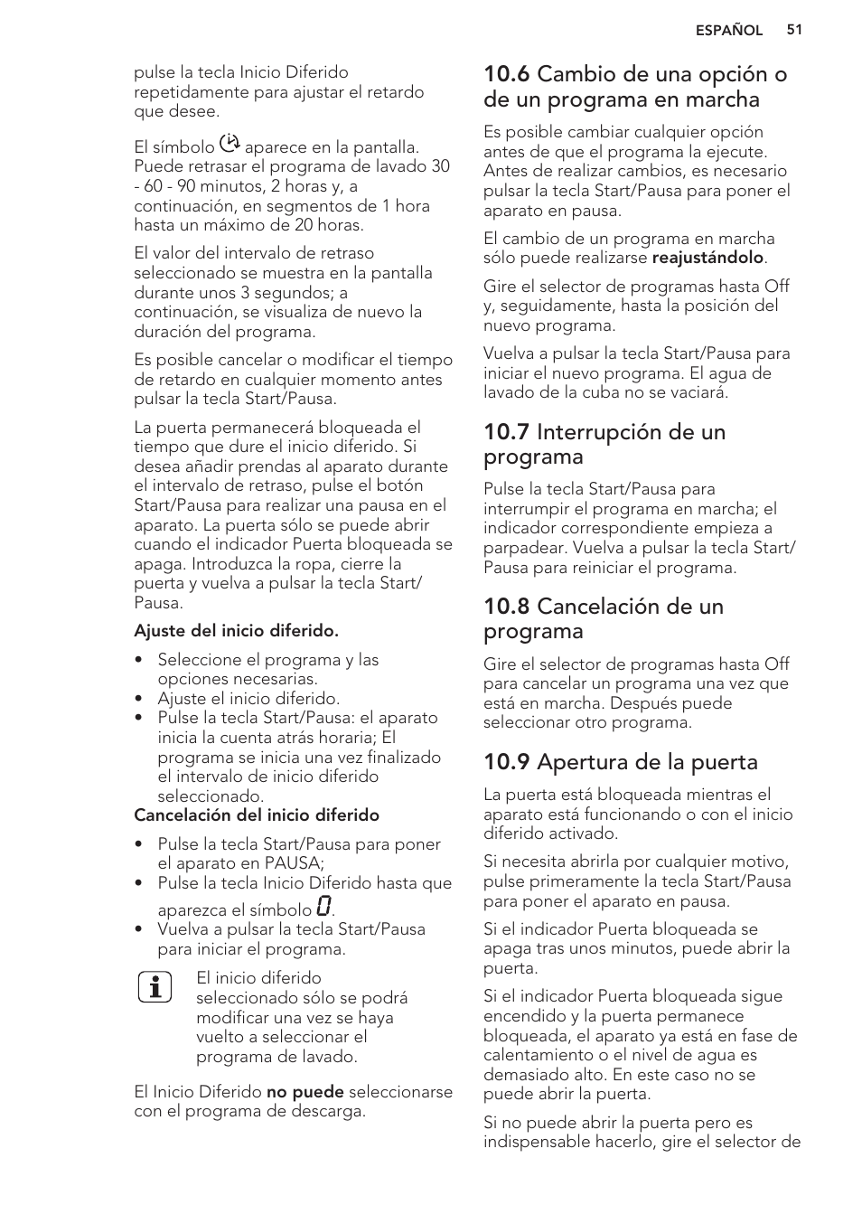 6 cambio de una opción o de un programa en marcha, 7 interrupción de un programa, 8 cancelación de un programa | 9 apertura de la puerta | AEG L61270WDBI User Manual | Page 51 / 76