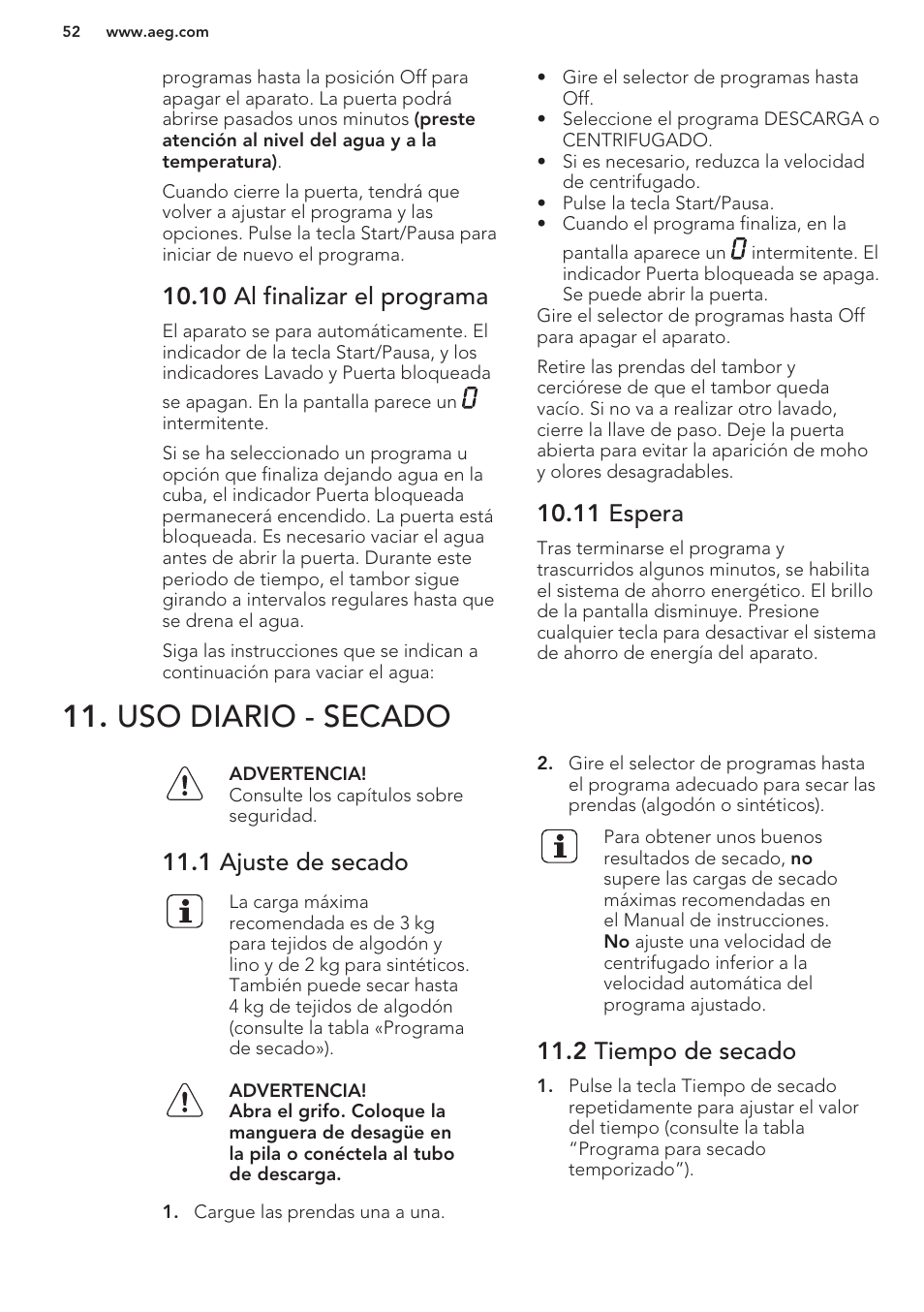 10 al finalizar el programa, 11 espera, Uso diario - secado | 1 ajuste de secado, 2 tiempo de secado | AEG L61270WDBI User Manual | Page 52 / 76
