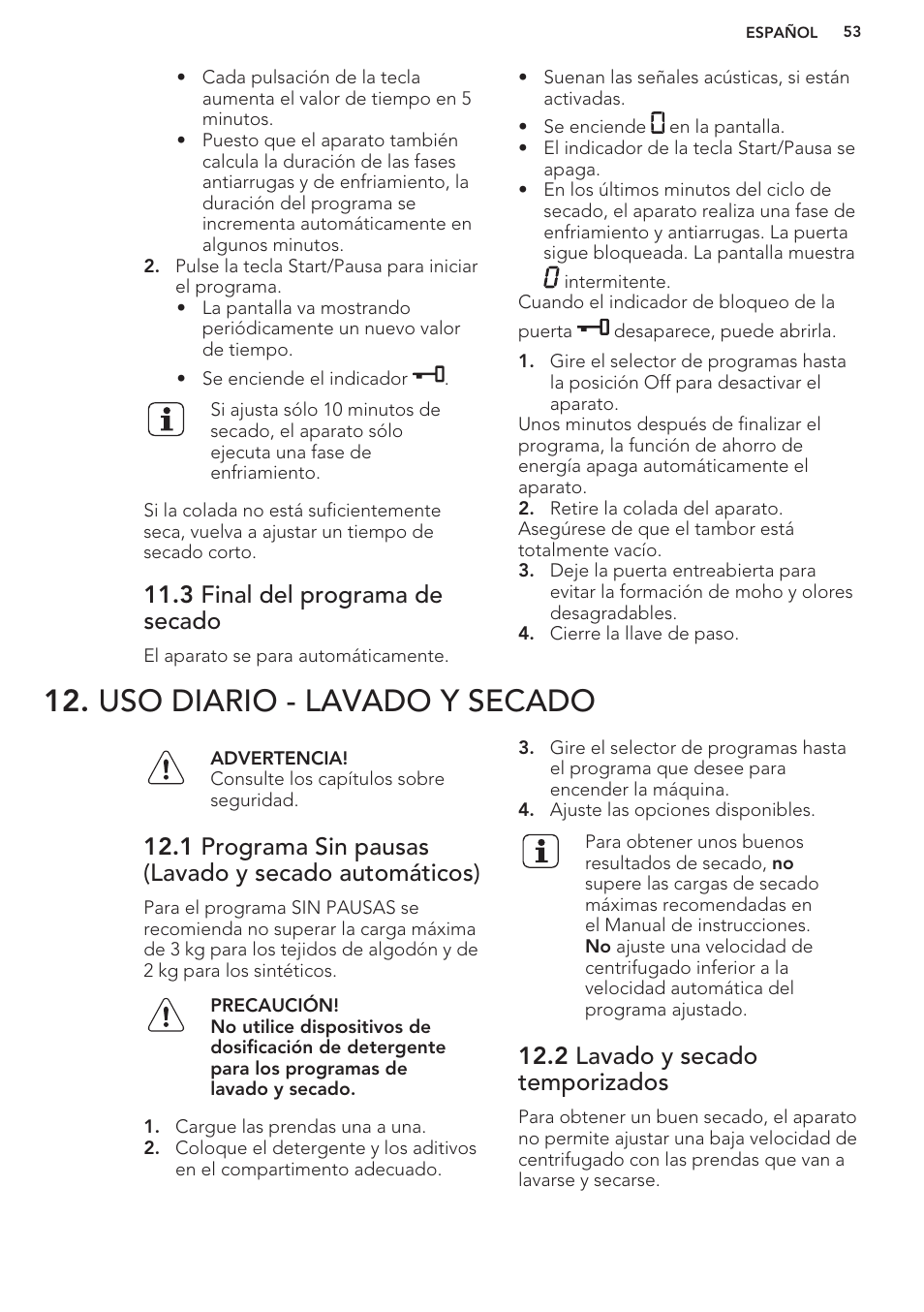 3 final del programa de secado, Uso diario - lavado y secado, 2 lavado y secado temporizados | AEG L61270WDBI User Manual | Page 53 / 76