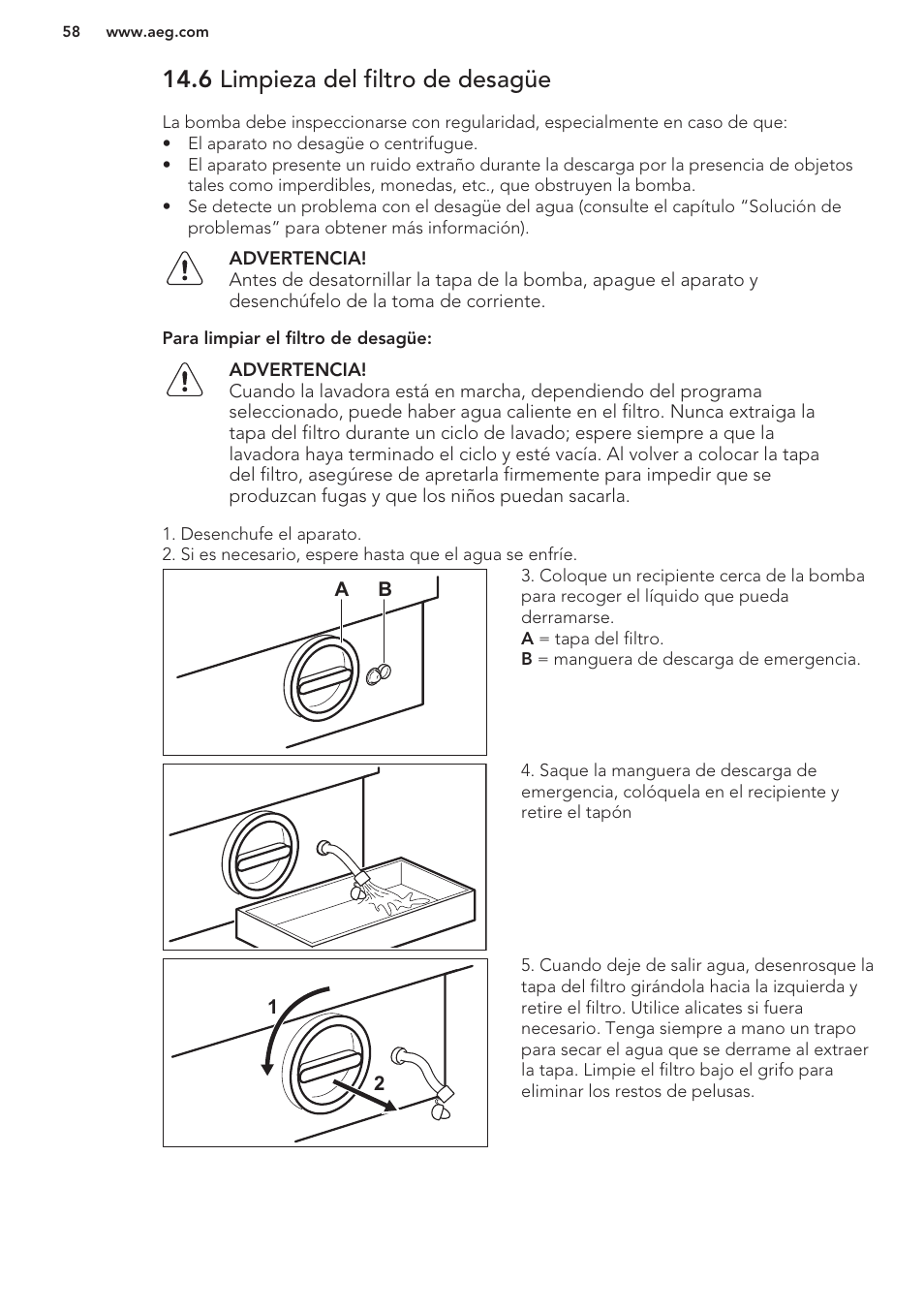 6 limpieza del filtro de desagüe | AEG L61270WDBI User Manual | Page 58 / 76