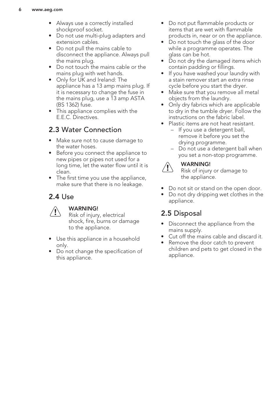 3 water connection, 4 use, 5 disposal | AEG L61270WDBI User Manual | Page 6 / 76