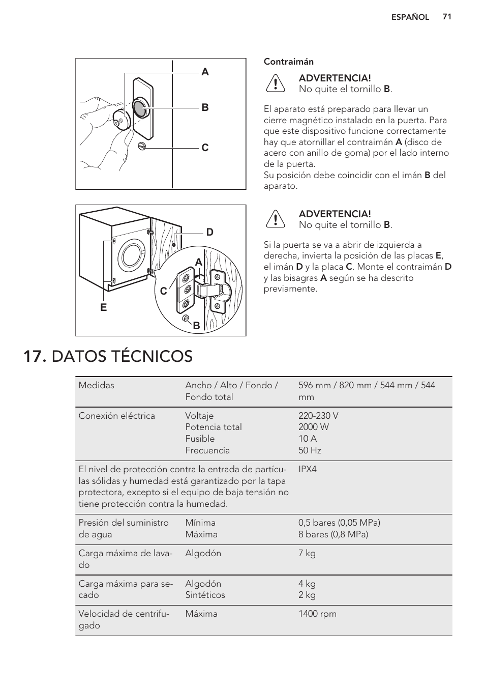 Datos técnicos | AEG L61270WDBI User Manual | Page 71 / 76