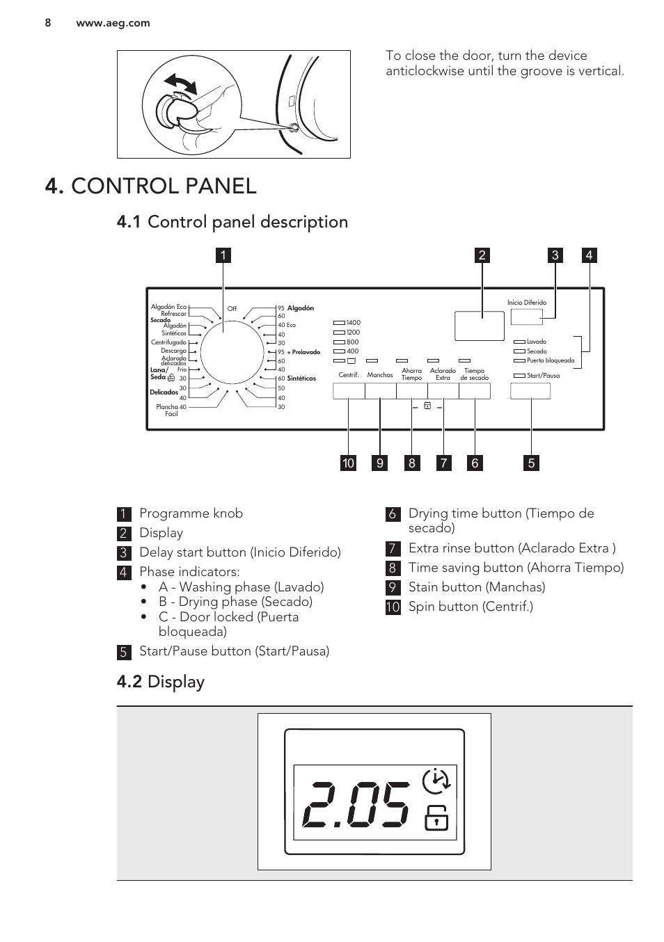Control panel, 1 control panel description, 2 display | AEG L61270WDBI User Manual | Page 8 / 76