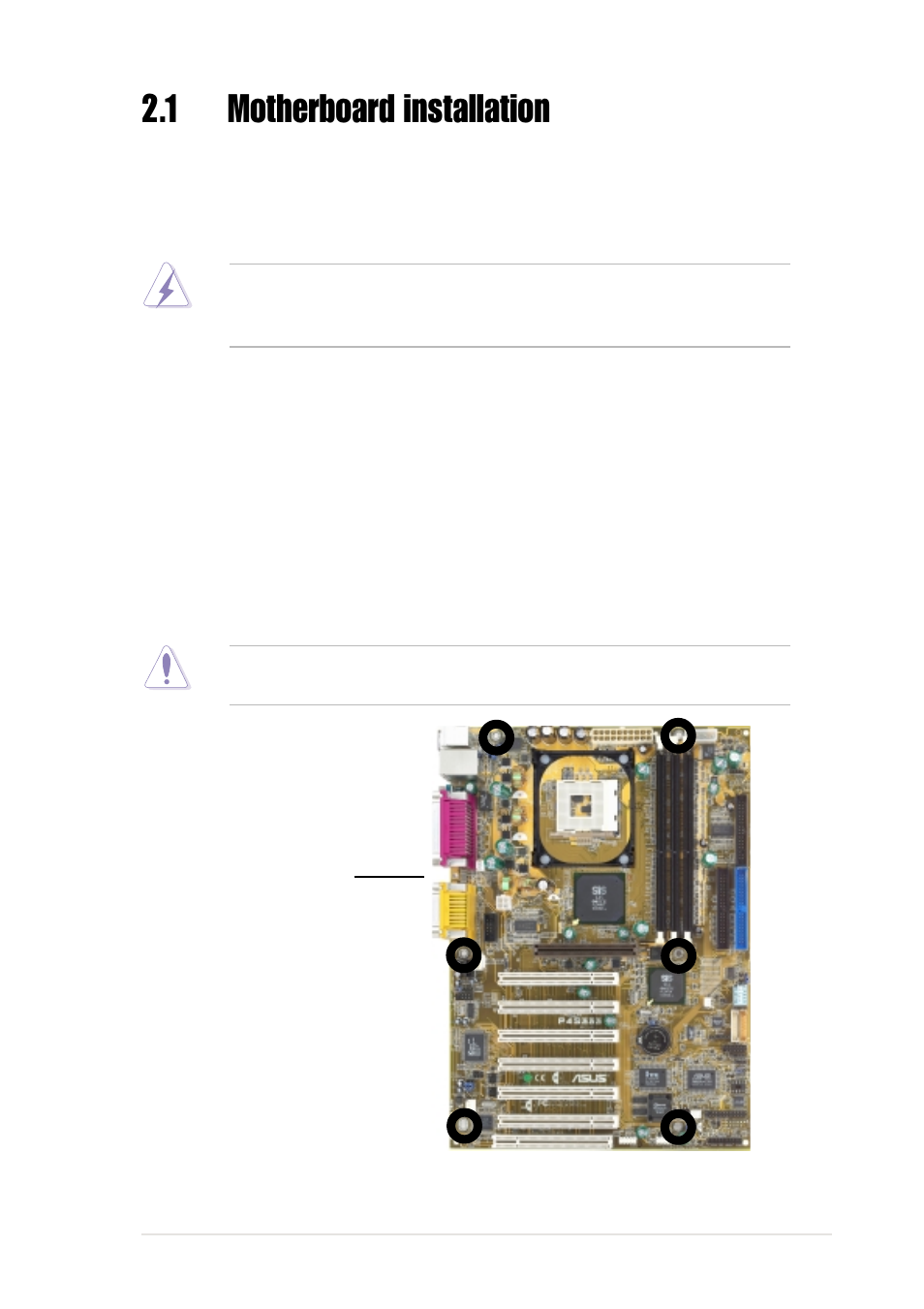 1 motherboard installation, 1 placement direction, 2 screw holes | Asus P4S333 User Manual | Page 23 / 126