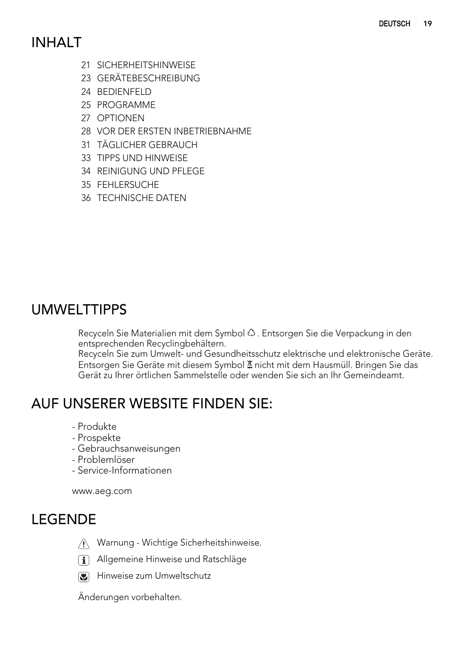 Inhalt, Umwelttipps, Auf unserer website finden sie | Legende | AEG F65020IM0P User Manual | Page 19 / 60