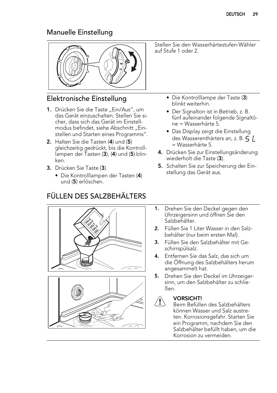 Manuelle einstellung, Elektronische einstellung, Füllen des salzbehälters | AEG F65020IM0P User Manual | Page 29 / 60