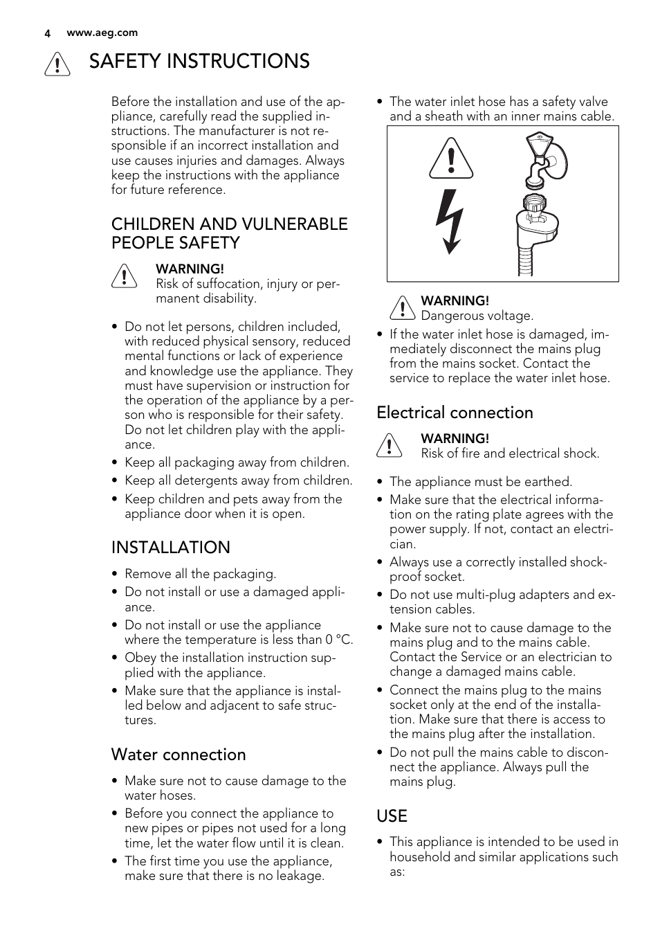 Safety instructions, Children and vulnerable people safety, Installation | Water connection, Electrical connection | AEG F65020IM0P User Manual | Page 4 / 60