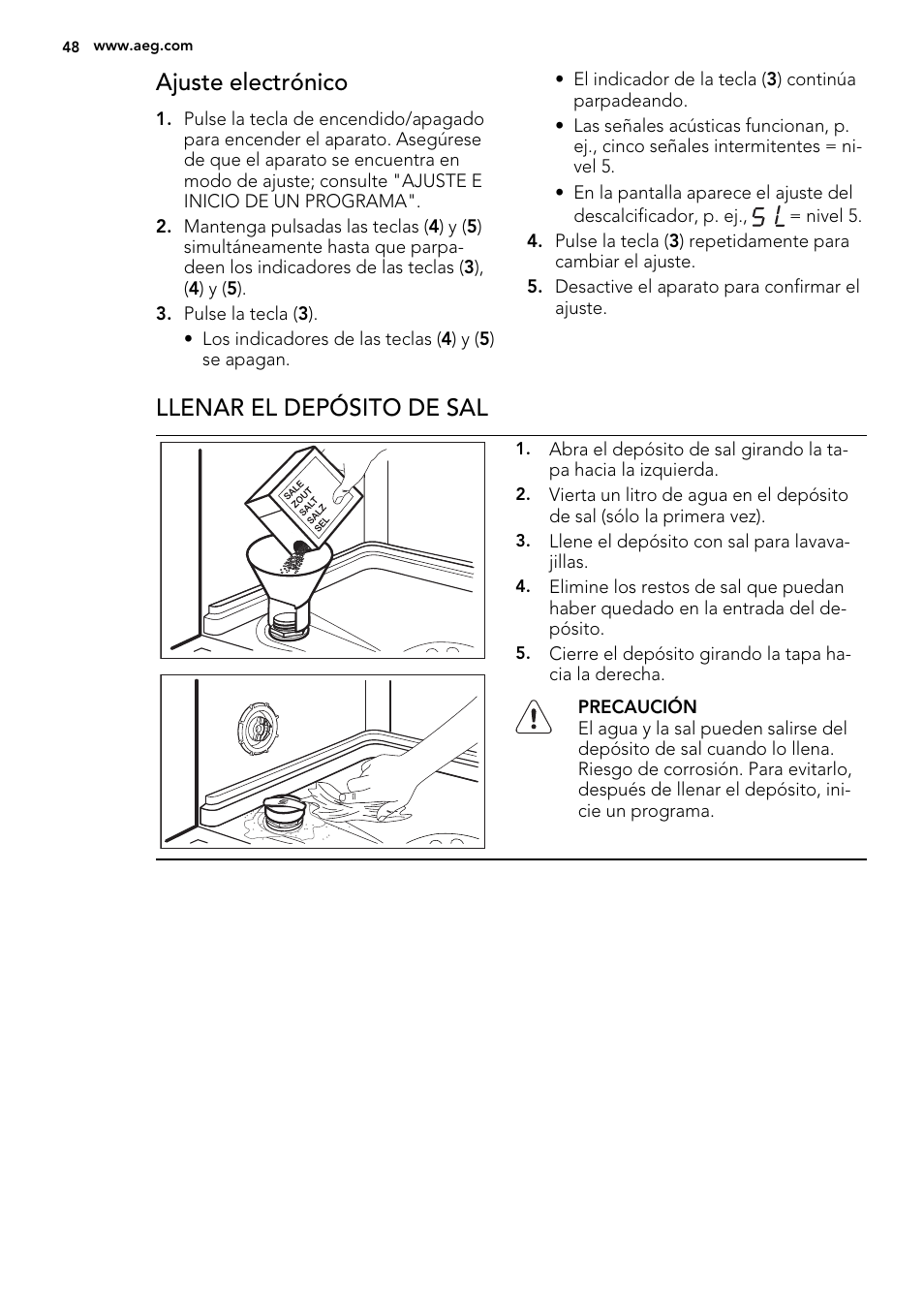 Ajuste electrónico, Llenar el depósito de sal | AEG F65020IM0P User Manual | Page 48 / 60