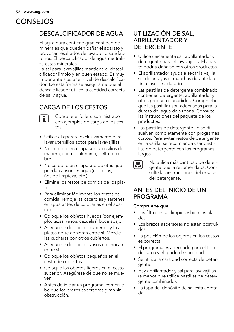 Consejos, Descalcificador de agua, Carga de los cestos | Utilización de sal, abrillantador y detergente, Antes del inicio de un programa | AEG F65020IM0P User Manual | Page 52 / 60