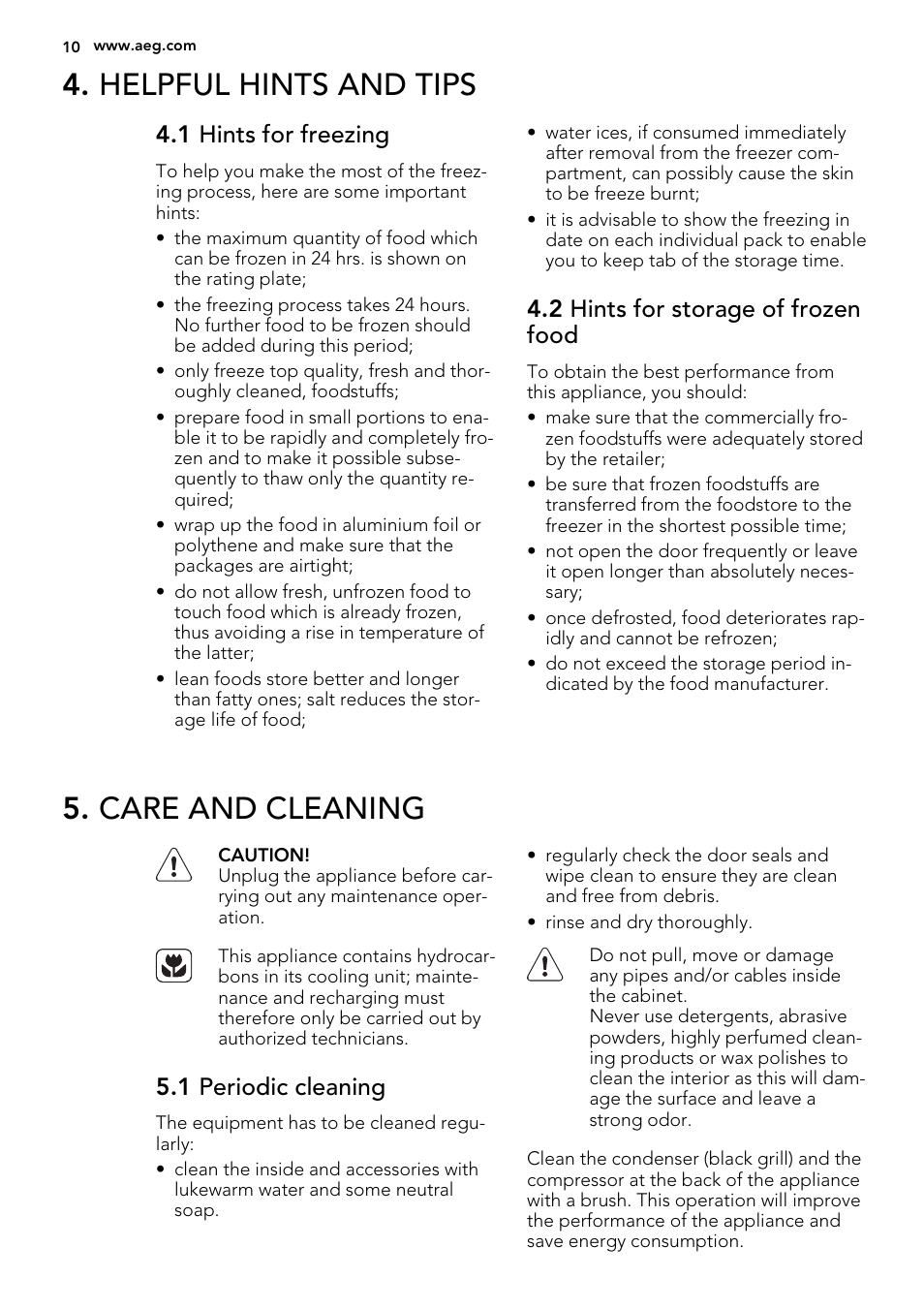 Helpful hints and tips, Care and cleaning, 1 hints for freezing | 2 hints for storage of frozen food, 1 periodic cleaning | AEG A82700GNX0 User Manual | Page 10 / 64