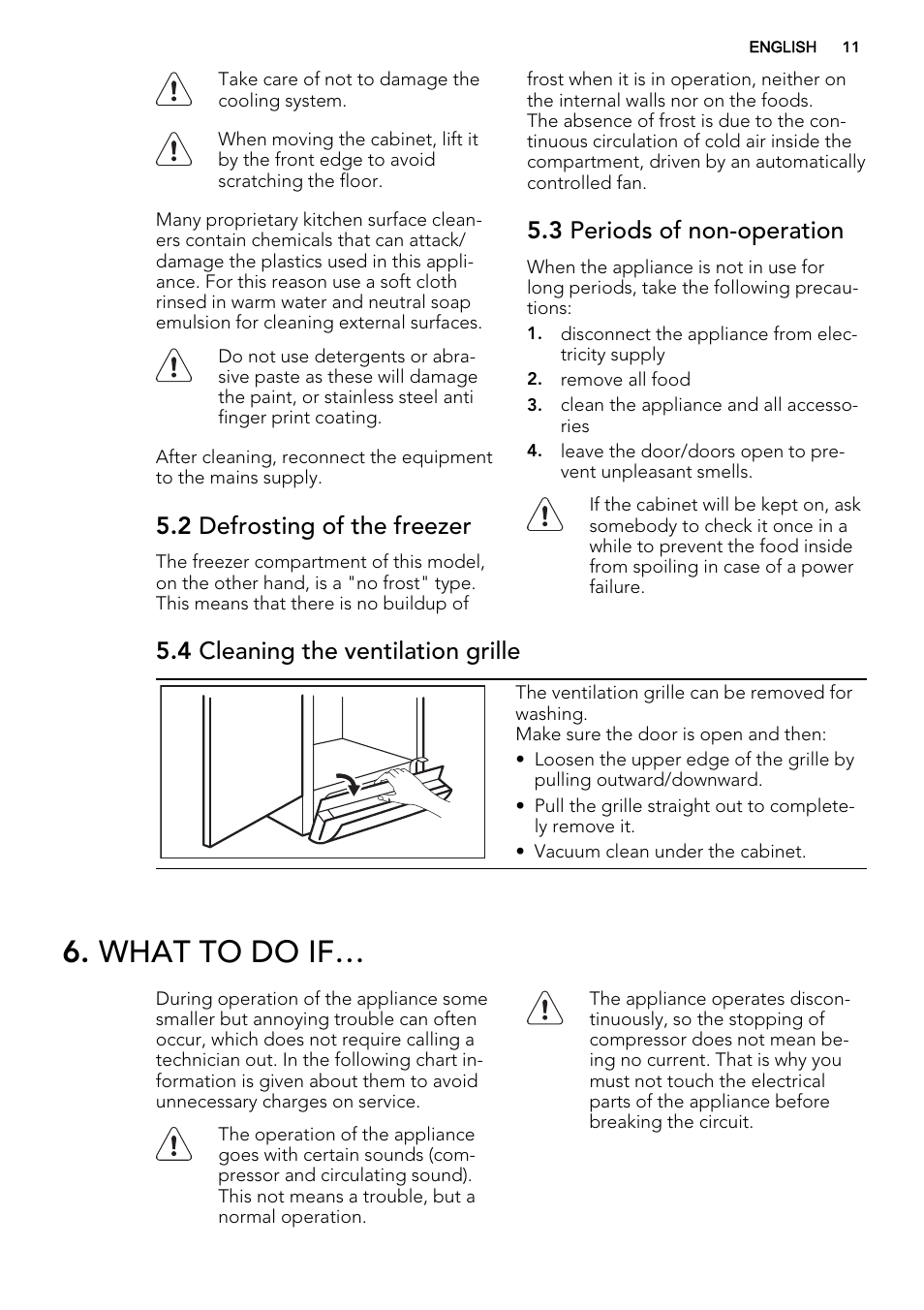What to do if, 2 defrosting of the freezer, 3 periods of non-operation | 4 cleaning the ventilation grille | AEG A82700GNX0 User Manual | Page 11 / 64