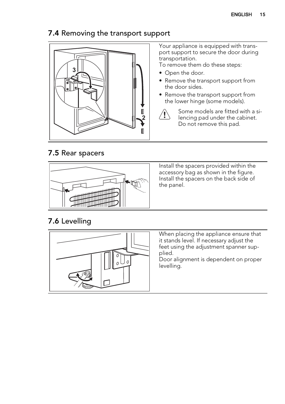 4 removing the transport support, 5 rear spacers, 6 levelling | AEG A82700GNX0 User Manual | Page 15 / 64