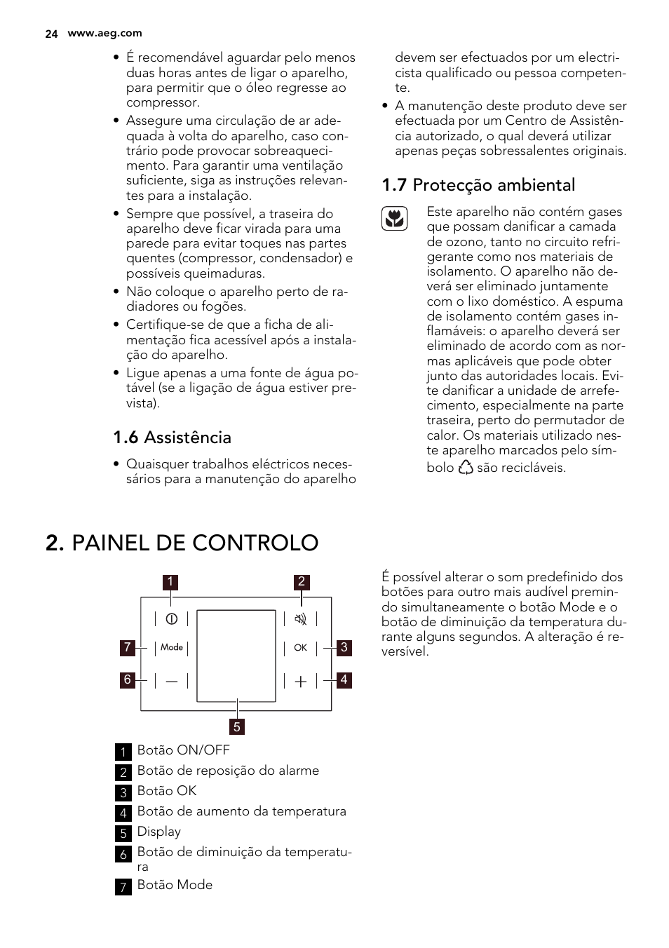 Painel de controlo, 6 assistência, 7 protecção ambiental | AEG A82700GNX0 User Manual | Page 24 / 64