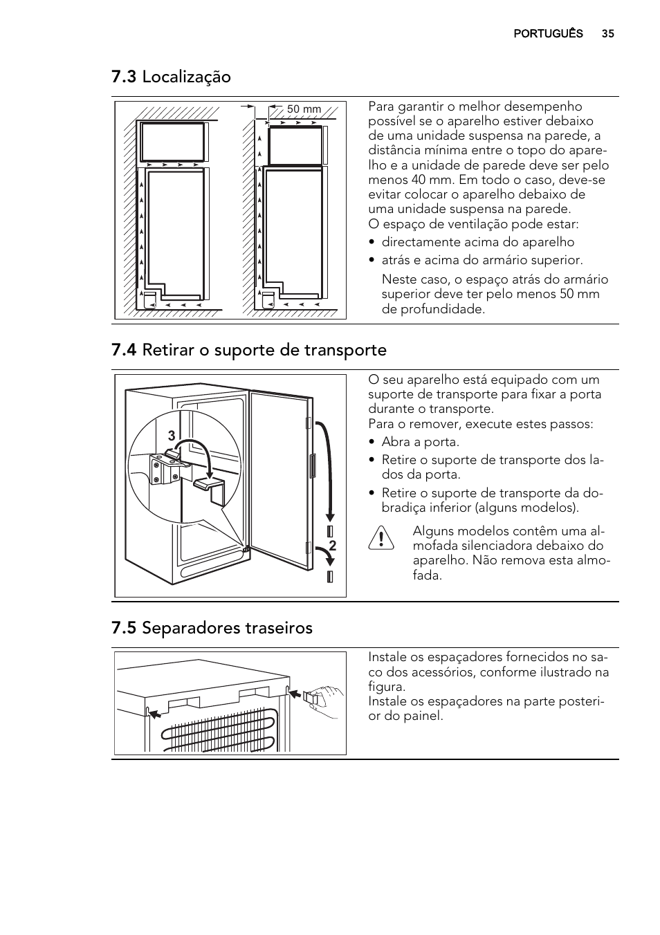 3 localização, 4 retirar o suporte de transporte, 5 separadores traseiros | AEG A82700GNX0 User Manual | Page 35 / 64