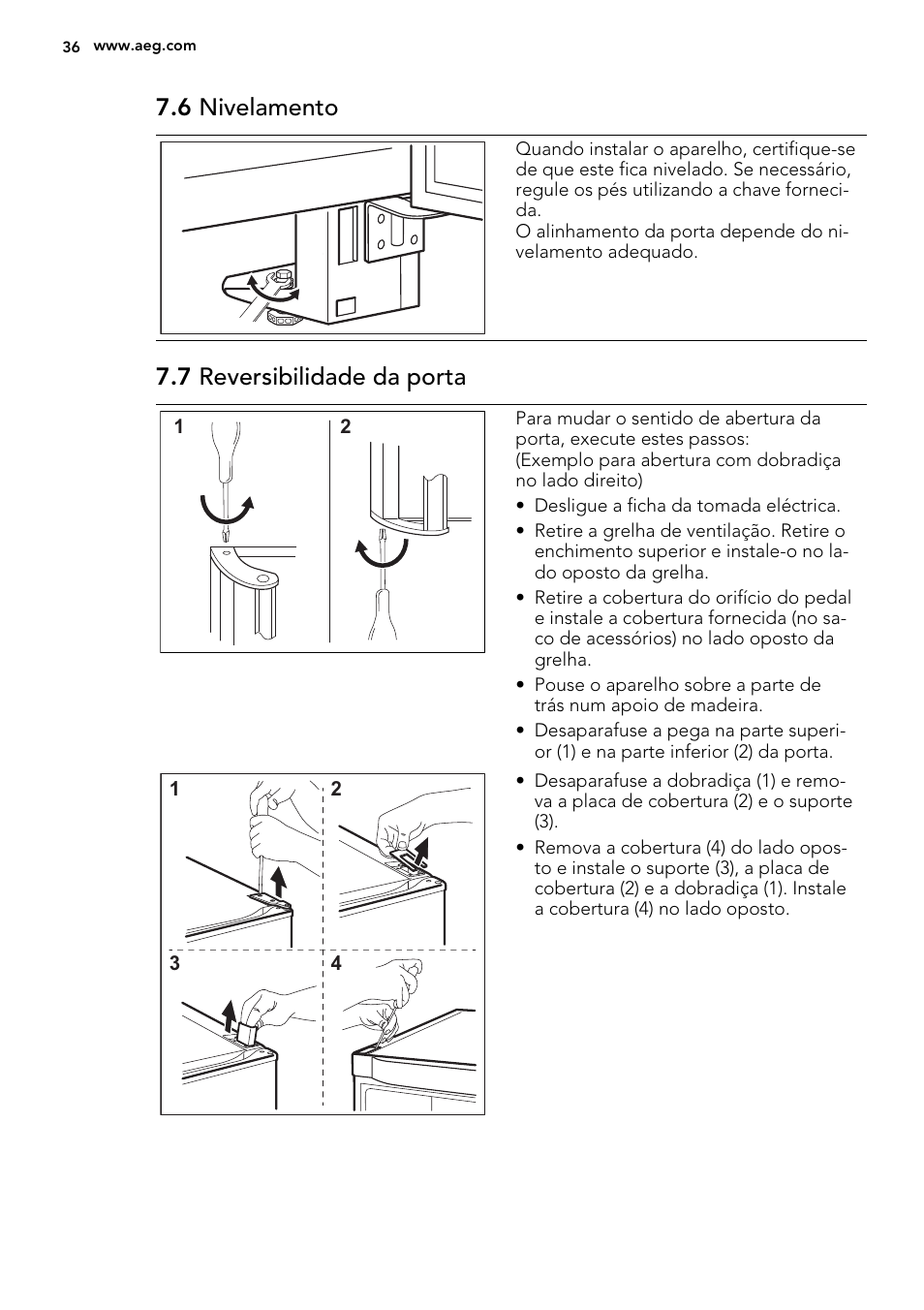 6 nivelamento, 7 reversibilidade da porta | AEG A82700GNX0 User Manual | Page 36 / 64