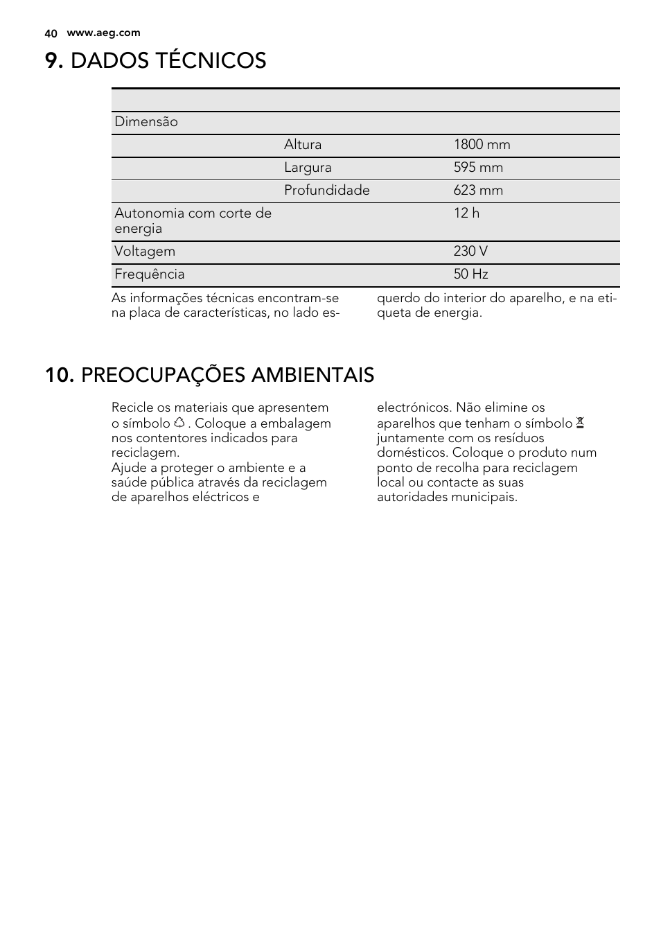 Dados técnicos, Preocupações ambientais | AEG A82700GNX0 User Manual | Page 40 / 64