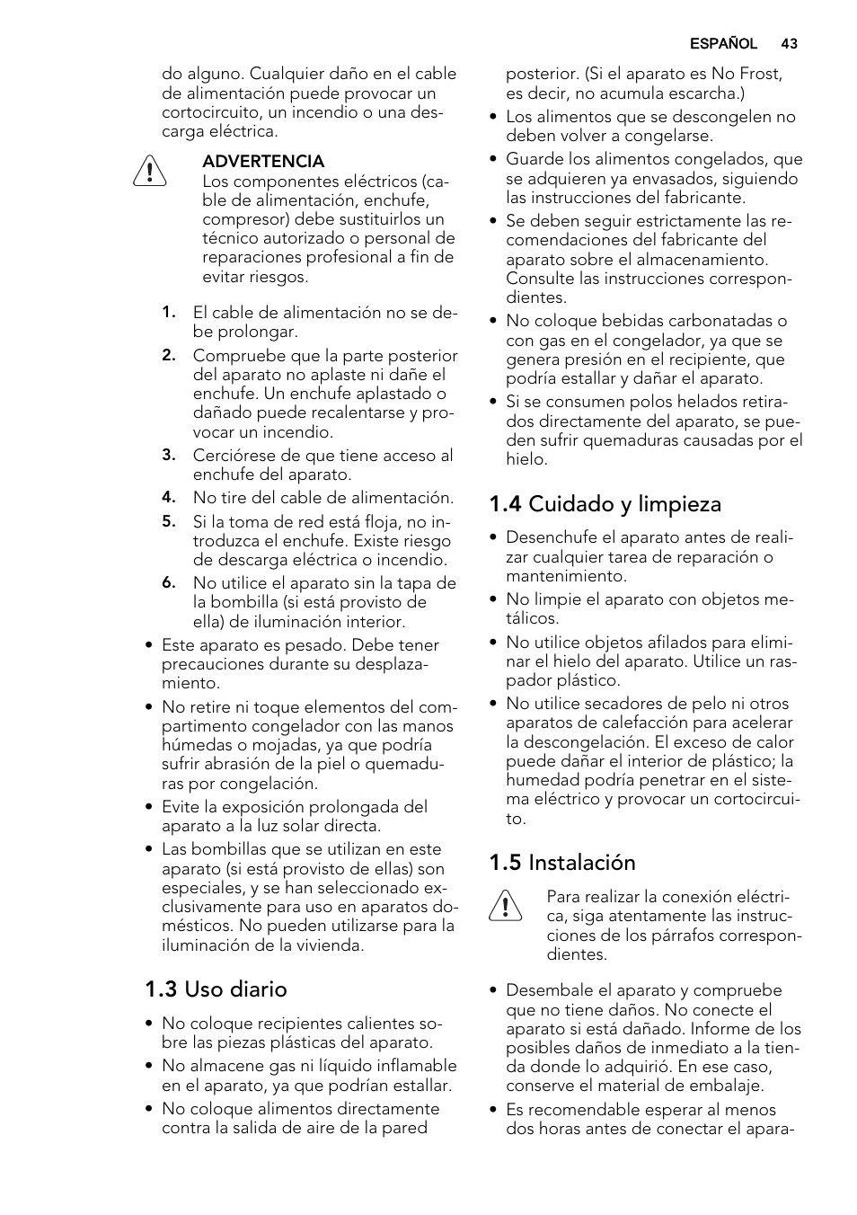 3 uso diario, 4 cuidado y limpieza, 5 instalación | AEG A82700GNX0 User Manual | Page 43 / 64