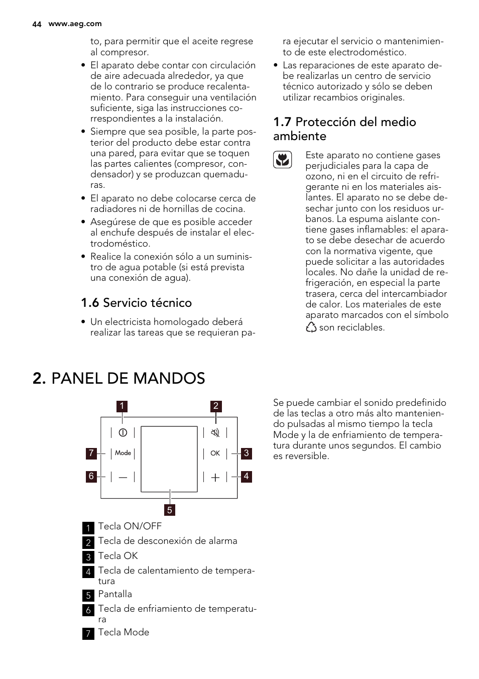 Panel de mandos, 6 servicio técnico, 7 protección del medio ambiente | AEG A82700GNX0 User Manual | Page 44 / 64