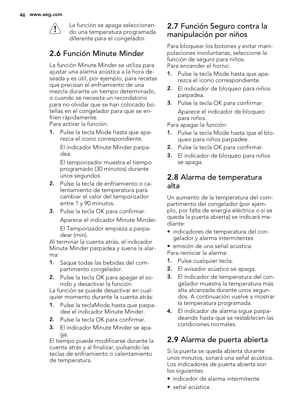 6 función minute minder, 7 función seguro contra la manipulación por niños, 8 alarma de temperatura alta | 9 alarma de puerta abierta | AEG A82700GNX0 User Manual | Page 46 / 64